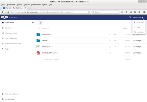 NextCloud - Optionen des Nutzers